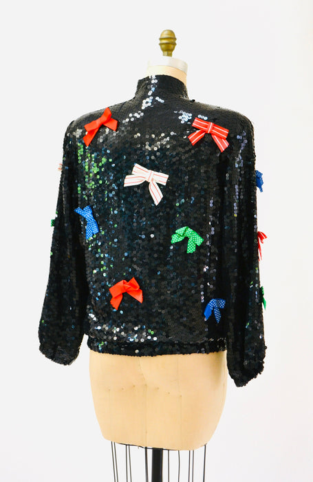 Vintage Black Sequin Jacket With Bows Ribbons 80s 90s Pop art Sequin Jacket Red Blue White Green Metallic Sequin Jacket Medium