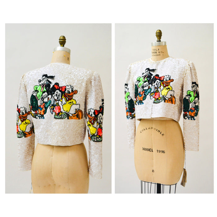 Vintage Jeanette Kastenberg Platinum Beaded Jacket Disney Mickey Minnie Mouse Donald Duck Beaded Bolero Jacket Comic Cartoon Medium Large