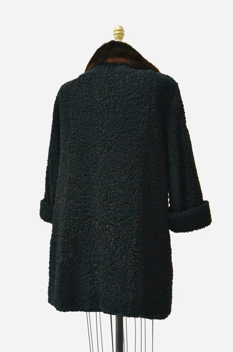 50s Vintage Black Persian Lamb and Mink Fur Coat Jacket Black Brown Broadtail Mink Fur Jacket Medium 50s 60s Black Fur Coat Jacket