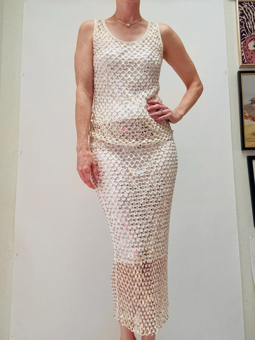 90s 00s Y2k Vintage White Gold Cache Crochet Sequin Club Party Beach Wedding Skirt and top Sheer Beach Dress Small Medium White Gold Dress