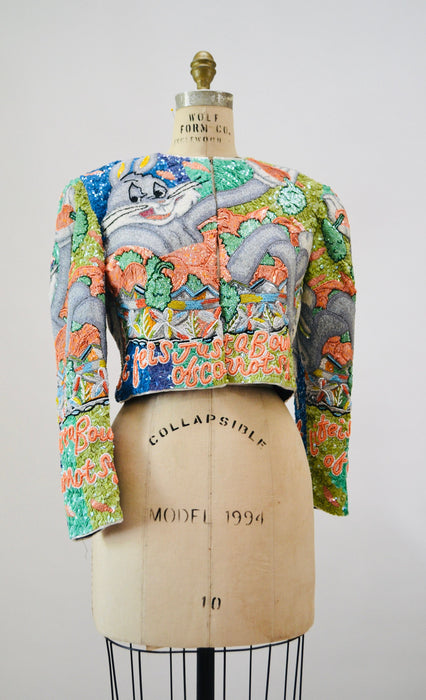 90s Vintage Jeanette Kastenberg Platinum Sequin Jacket Looney Tunes Bugs Bunny Warner Brothers Cartoon Comic Carrot Vegetarian Beaded Jacket