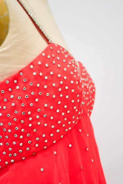 Vintage 70s Red Rhinestone Evening Gown Party Dress Chinese Wedding Dress 1970s Red Ruffle Dress with Rhinestones Empire Waist