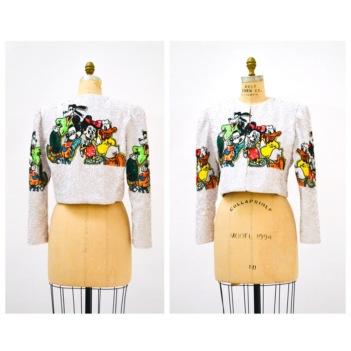 Vintage Jeanette Kastenberg Platinum Beaded Jacket Disney Mickey Minnie Mouse Donald Duck Beaded Bolero Jacket Comic Cartoon Small Medium