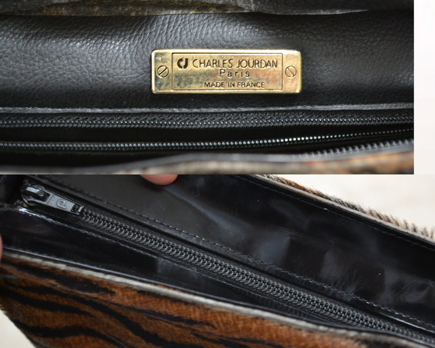90s Vintage Tiger Stripe Pony Hair Leather Purse Black brown Zebra Stripe Leather Handbag Charles Jourdan Medium Purse Made in France