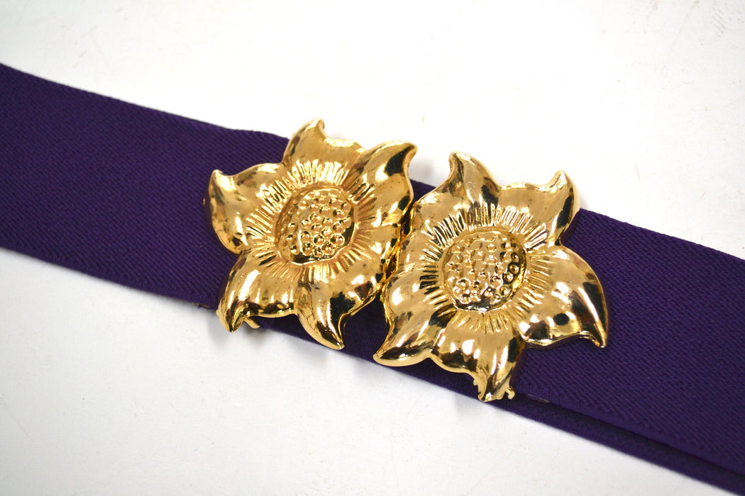 80s 90s Vintage Gold Flower Belt Buckle Purple Stretch Elastic Belt Gold Flower Metal Belt Small Medium Large XL Purple Flower Wedding Belt
