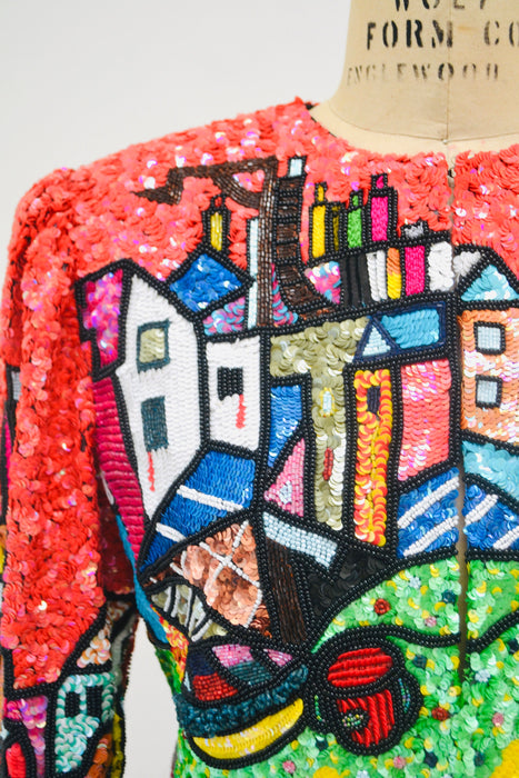 90s Vintage Jeanette Kastenberg Platinum Sequin Picasso Romero Britto Brazilian Miami Cubism Inspired Red Sequin Beaded Jacket Medium