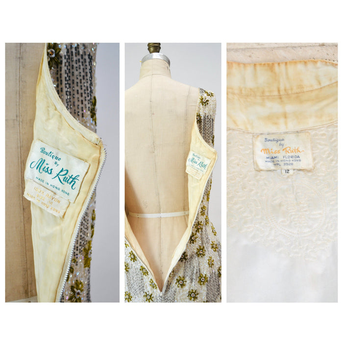 50s 60s Vintage Cream Gold Sequin Beaded Dress and Jacket Small Medium 1950s 60s Wedding Sequin Dress Jacket Flower Beaded Suit Miss Ruth
