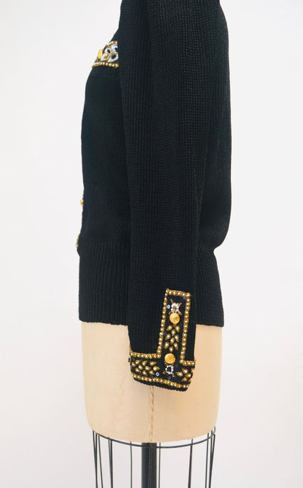 80s 90s Glam Vintage Black Gold Beaded Sequin Sweater Small Medium By Elizabeth New York Black Gold Metallic Beaded Sequin Pull Over Jumper