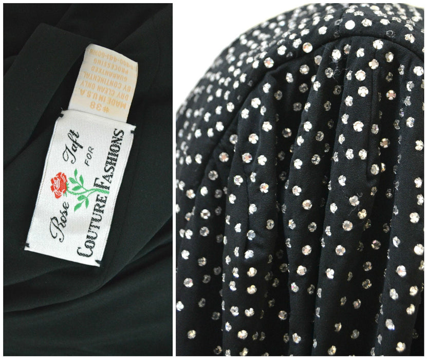 80s Vintage Black Evening Gown With Rhinestones Long Sleeves Medium Large by Rose Taft// Vintage Black Dress Metallic Pageant Dress Gown