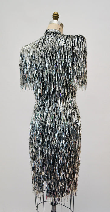 80s 90s Vintage Silver Beaded Fringe Dress Vintage Gold Metallic Dress Small Medium// Beaded Fringe Dress Flapper Cher Dress 80s Glam