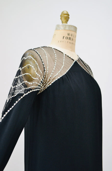 70s 80s Vintage Black Rhinestone BOB MACKIE Dress Medium Large // Vintage Black Illusion Dress// Metallic Rhinestone Party Cocktail Dress