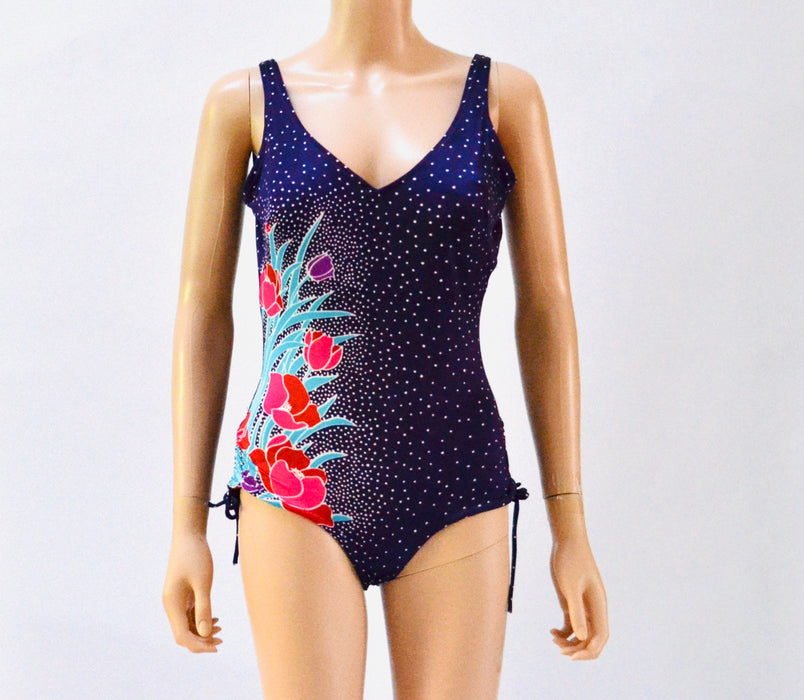 Vintage 70s 80s Rose Marie Reid Swimsuit Floral Print One Piece High Cut Swim Suit Medium Purple Polkadot Tropical Print Swimsuit 1970s