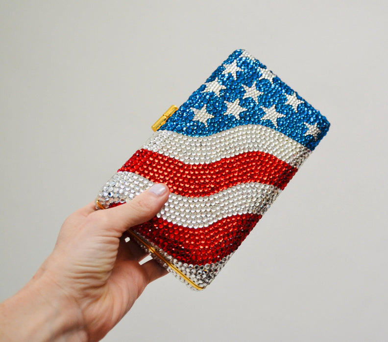 90s Vintage Metal Crystal Evening Bag Swarovski Bag 90s Katherine Baumann USA American Flag United States Crystal Minaudière Clutch Bag