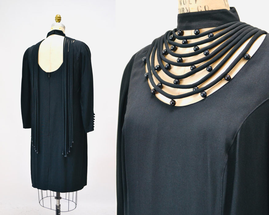 80s Louis Feraud Vintage Black Fringe Dress Black Designer Cocktail Long Sleeve Dress Medium Large// 90s Black Party Little Black Dress