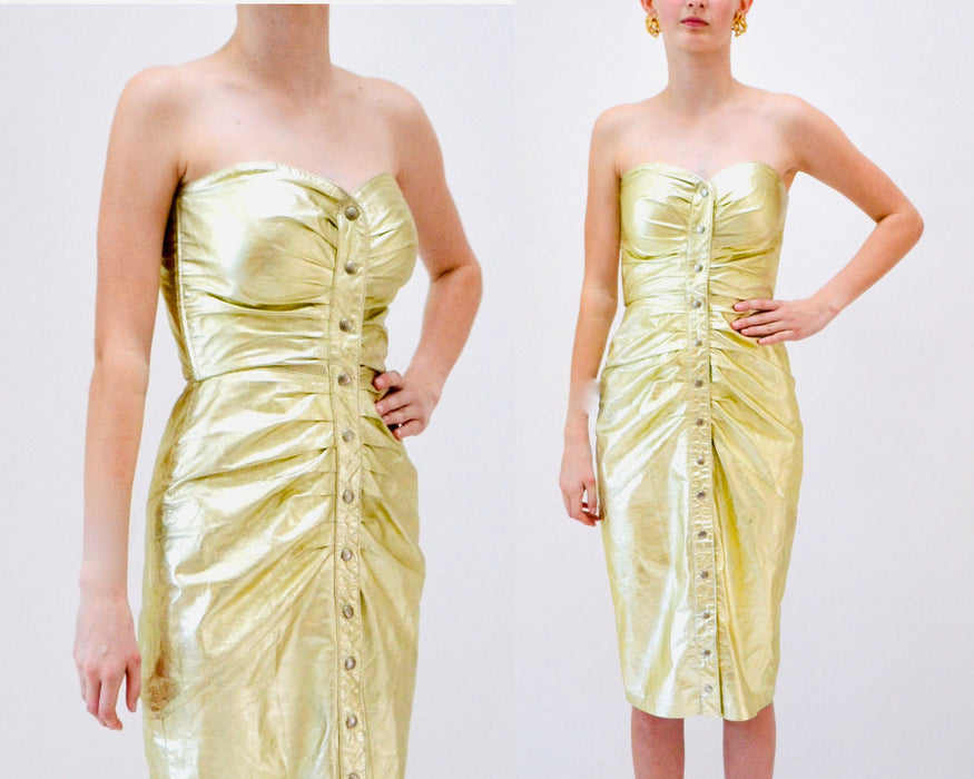 90s Metallic Gold Strapless Leather Dress by Michael Hoban North Beach Leather XXS // 90s strapless Leather Dress Gold Size XXS XS Small