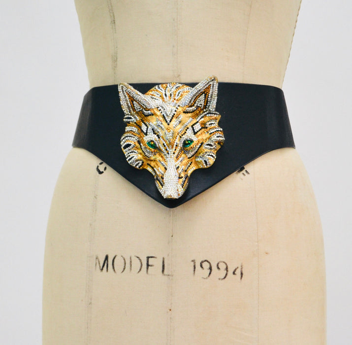 70s 80s Vintage Ermine Beverly Hills Leather and Austrian Crystals FOX Face belt Metallic Gold Rhinestone Belt Small Medium Large 28-33"