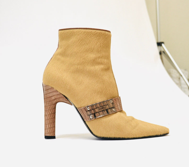 Vintage 90s 00s Pony Hair Leather High Heel Booties 6 1/2 7 By Lagerfeld// Pony Hair high heel Cropped Boots 6 1/2 Camel Tan Made in France