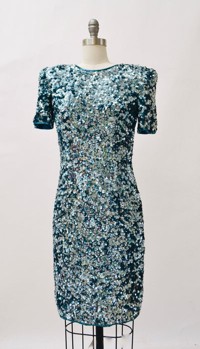 80s 90s Glam Vintage Blue Sequin Dress Size Small Blue Metallic Sequin 80s 90s Prom Party Dress// 80s Vintage Blue Trophy Pageant Dress