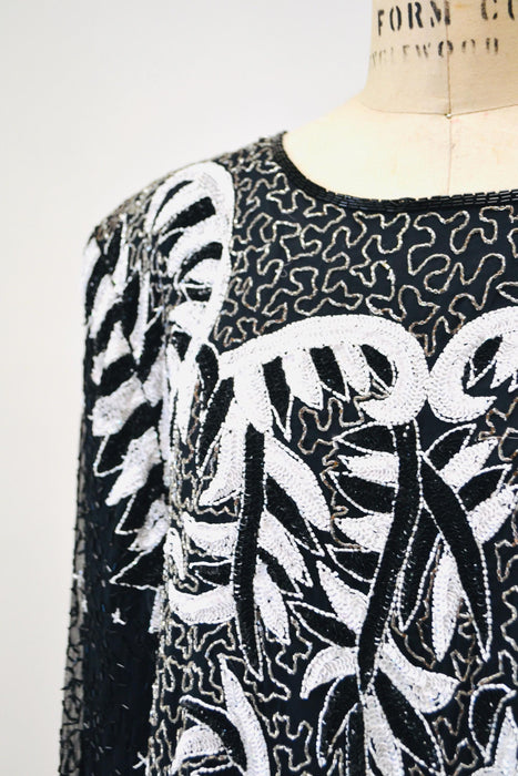 80s GLAM Vintage Black White Sequin Party Dress XL X Large// Vintage Black Sequin Dress Flapper Disco 3X Plus Size Vintage Beaded dress