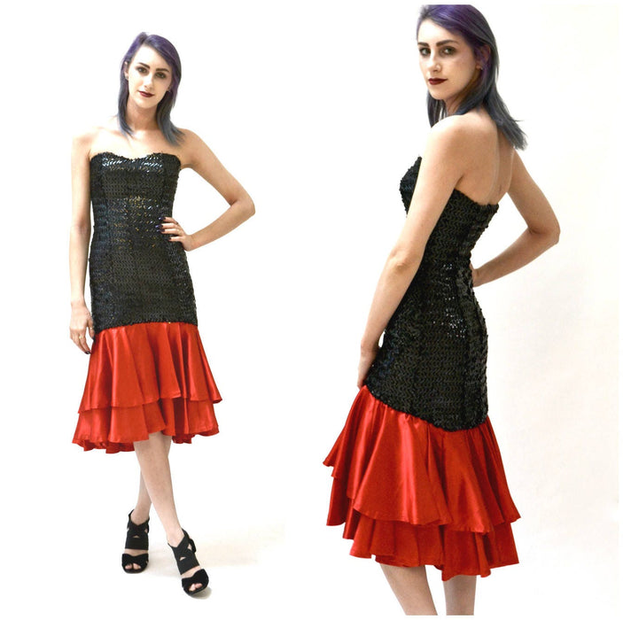 80s Vintage Prom Dress Black Sequin Dress Black and Red Strapless XS Small// Vintage Black Strapless Sequin Dress 80s Prom Party