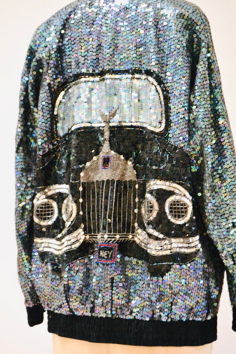 80s 90s Vintage Sequin Jacket with Rolls Royce Car Hologram Sequin Jacket small// Vintage Black Sequin Bomber Jacket Small Medium by Modi