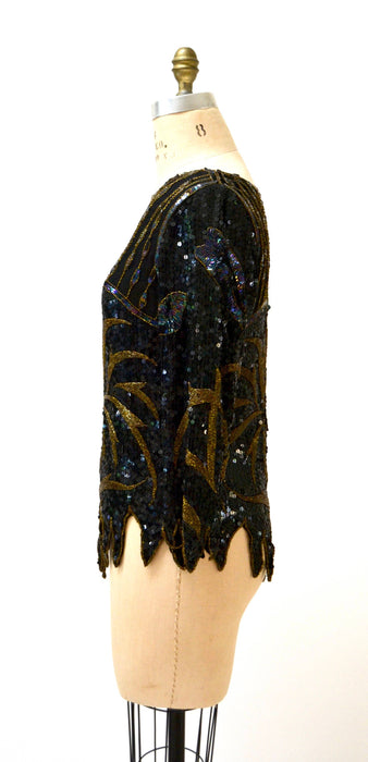 Vintage Metallic Sequin Shirt Black Art Deco Flapper Inspired Gold Palm Tree // 80s Vintage Beaded Shirt Top Black Sequins Small