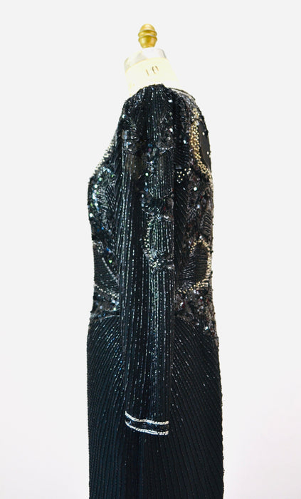 80s 90s GLAM Vintage Black Beaded Sequin Party Cocktail Dress Small Medium by Nighline Black Silk Long Sleeve Party Pageant Sequin Dress