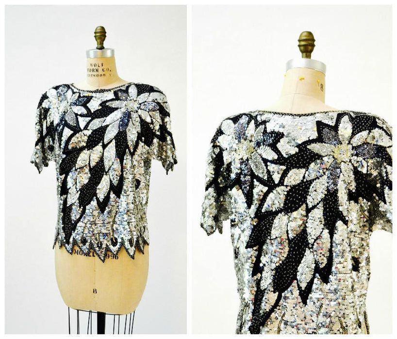 Vintage Silver Sequin Shirt Top Metallic Silver Black Art Deco Flapper Inspired// Vintage Flapper Beaded Shirt Top Silver Black Sequins