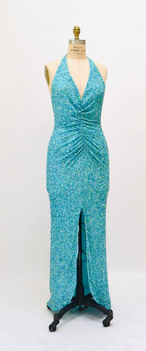Vintage 00s Y2K Silk Bias Cut Dress Small Medium Blue Teal Silk Beaded Sequin Bias Cut Dress Evening Beach Wedding Gown Mermaid Prom Dress