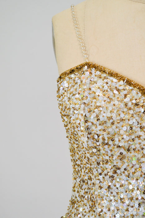Vintage Off white Silk Sequin Dress Riazee Boutique Lillie Rubin White Gold Silk Beaded and Sequin Dress Cocktail Wedding Dress Naeem Khan