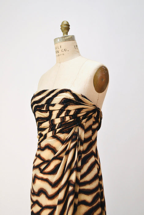2000s y2k Vintage Bob Mackie Gown Dress Zebra Animal Print Beaded Dress Strapless Silk Evening Gown Small Medium Bob Mackie Pageant Dress