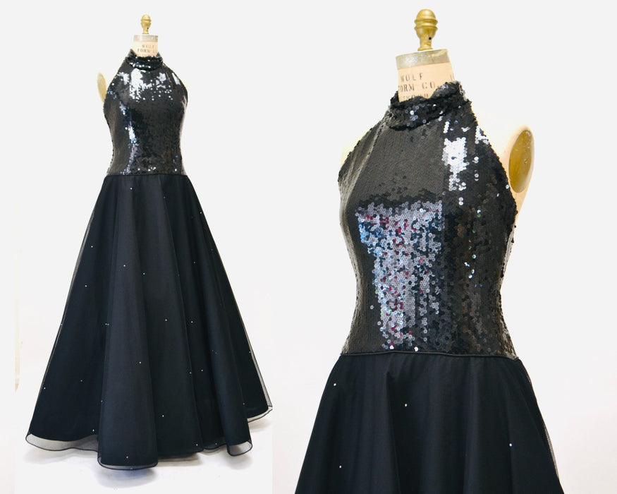 80s 90s Vintage Black Sequin Halter Neck Sequin Dress Cocktail Party Dress Rose Taft Small// 80s Glam Black Pageant Dynasty Dress Ball Gown