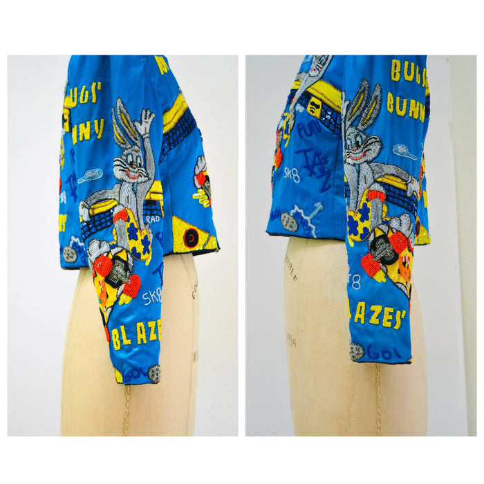90s Vintage Jeanette Kastenberg Sequin Beaded Jacket Looney Tunes Bugs Bunny Skater Taz Cartoon Beaded Jacket Small Medium Blue Yellow