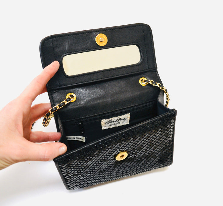 80s Vintage Black Evening Bag Purse Black Metallic Metal Whiting and Davis // Vintage Black Mesh Gold Chain Metallic Purse Small Evening Bag