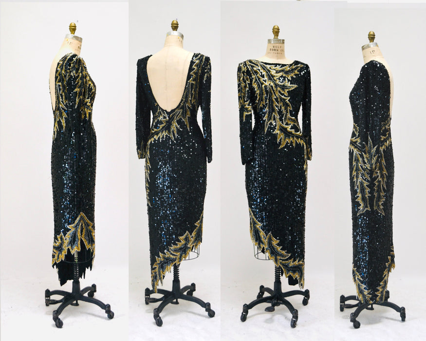 90s Vintage Black Beaded Sequin Party Dress Small Medium// 80s 90s Pageant Formal Black beaded Dress long sleeves Small Silk LIllie Rubin