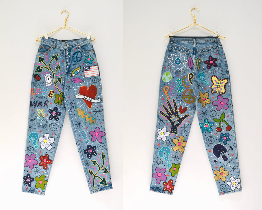 80s Vintage Madonna Jeans by Leslie Hamel Pants Levis Hand painted Love Peace 80s Madonna Vintage Pants Vintage Levis Jeans Small Medium