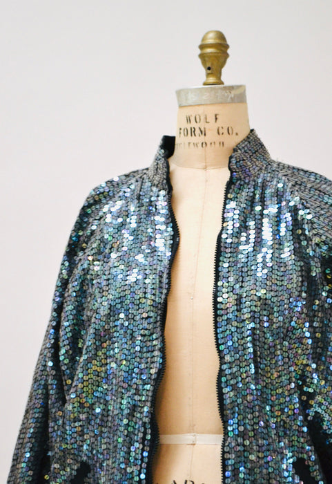 80s 90s Vintage Sequin Jacket with Rolls Royce Car Hologram Sequin Jacket small// Vintage Black Sequin Bomber Jacket Small Medium by Modi