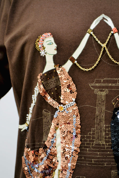 80s Vintage T Shirt Tunic Brown Beaded George Barbier Fashion Illustration Printed Sequin Beaded Erte Top Shirt French Art DIDIER RONSARD