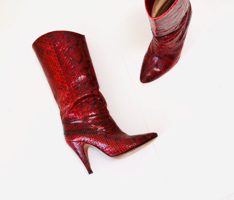 80s Vintage Red Snake Skin Embossed Leather High Heel Boots 6  Leather High Heel Black Boots Pointed Toe Boots Made in Italy