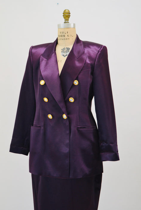 90s Vintage Purple Satin Jacket Blazer Suit Skirt Purple Plum Blazer 80s 90s Glam Power Suit Medium Criscione 90s Suit Rhinestone buttons