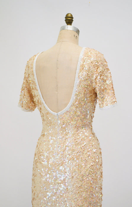 90s Vintage Sequin Dress Cream Off White Sequin Dress Small Medium// 90s Sequin Wedding Party Cocktail Dress Short Sleeve Lillie Rubin