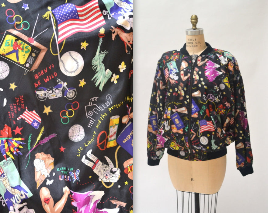 90s Vintage Silk Bomber Jacket by Nicole Miller with USA America United States Elvis Harley Printed Silk Jacket Mens Womens