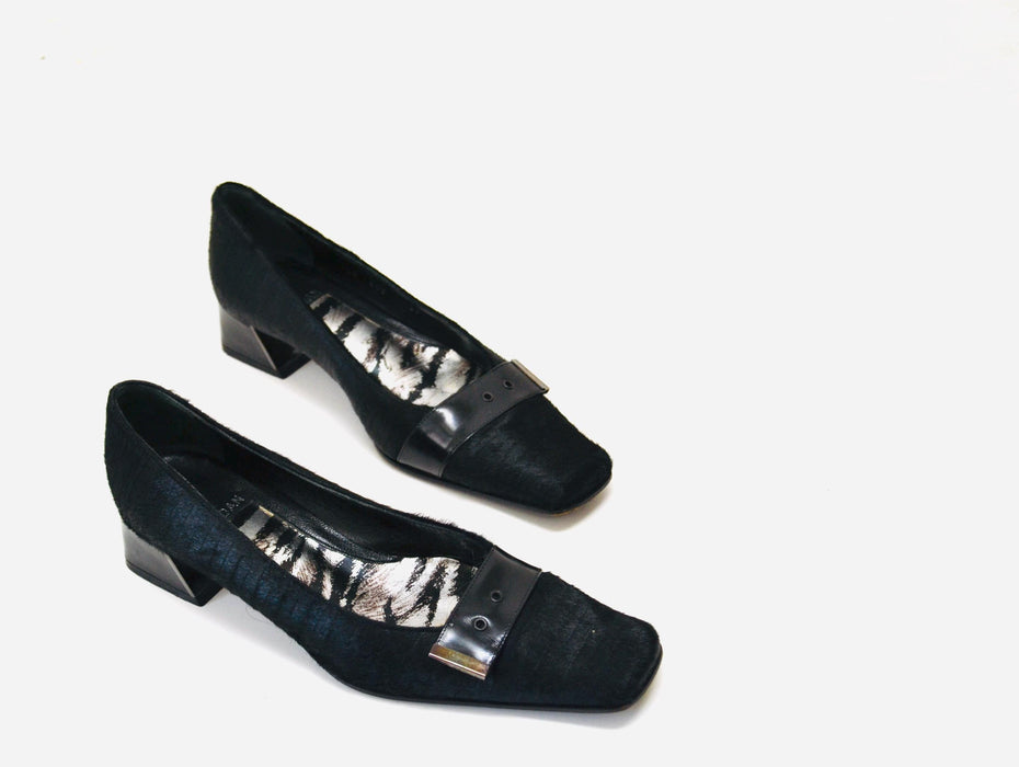 Vintage 90s Black Pony Hair Pumps Black High Heels Size 37 7 Square Toe Vintage Black Low Heel Fur Pony Hair Heels Loafers Shoes Baldan