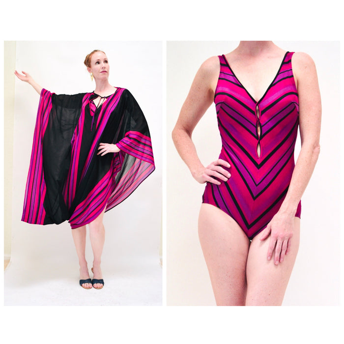 Vintage 70s 80s Swimsuit One Piece Bathing Suit Swim Suit Medium Large Purple Pink Striped Cole of California Striped Swimsuit