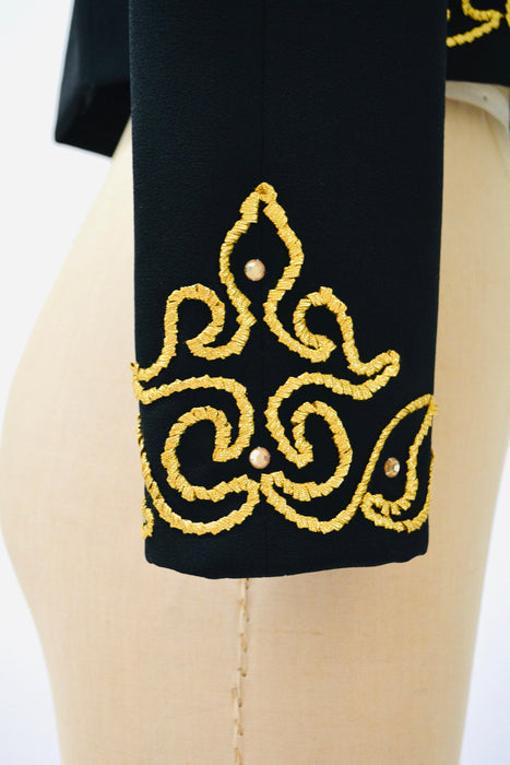 80s 90s Glam Vintage Black Gold Jacket Rhinestone Embroidered metallic Jacket Medium// Black Cropped Jacket Steven Stoller Metallic Medium