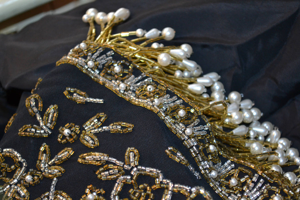 VIntage Black Sequin Dress Beaded Fringe Dress Medium Large// Black Beaded Fringe Dress Flapper Inspired Silk Dress Gold silver Pearls Dress