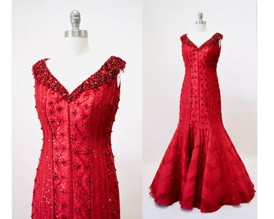 Vintage Red Sequin Beaded Dress Evening Gown dress Escada XS Small// Vintage Couture Red Rhinestone Black Tie Ball Gown Silk Dress Escada XS