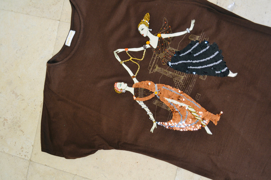 80s Vintage T Shirt Tunic Brown Beaded George Barbier Fashion Illustration Printed Sequin Beaded Erte Top Shirt French Art DIDIER RONSARD
