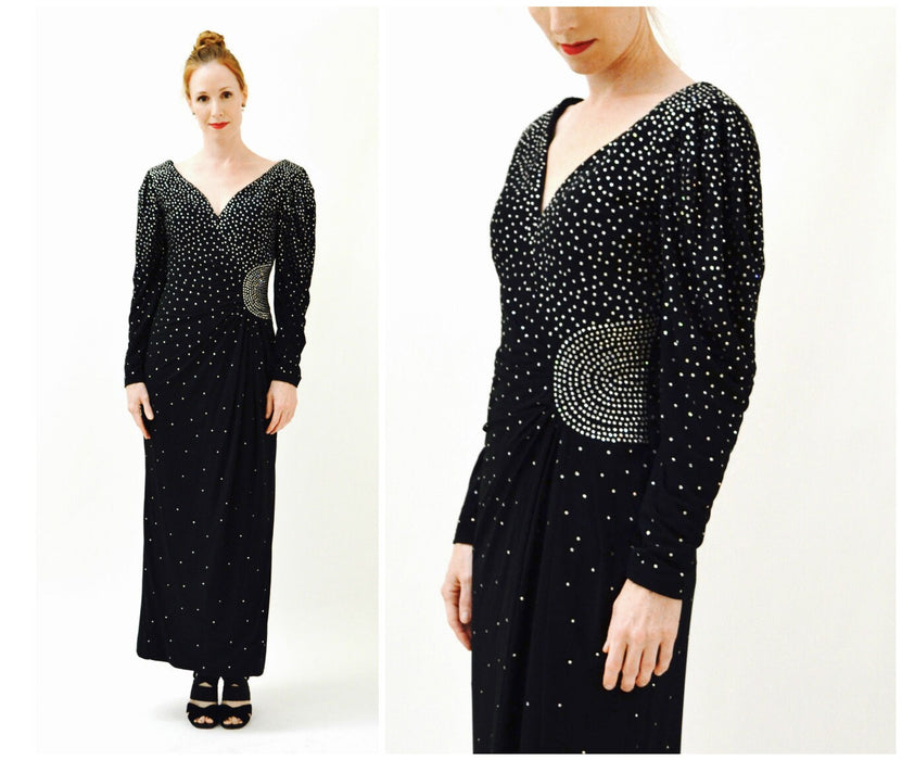 80s Vintage Black Evening Gown With Rhinestones Long Sleeves Medium Large by Rose Taft// Vintage Black Dress Metallic Pageant Dress Gown