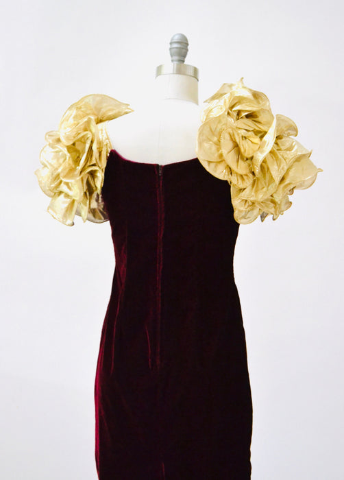 Vintage 80s Prom Dress Red Velvet Gold Metallic Evening Gown Small Medium// Vintage Dark Red Velvet gold metallic Ruffle Dress Pageant Gown